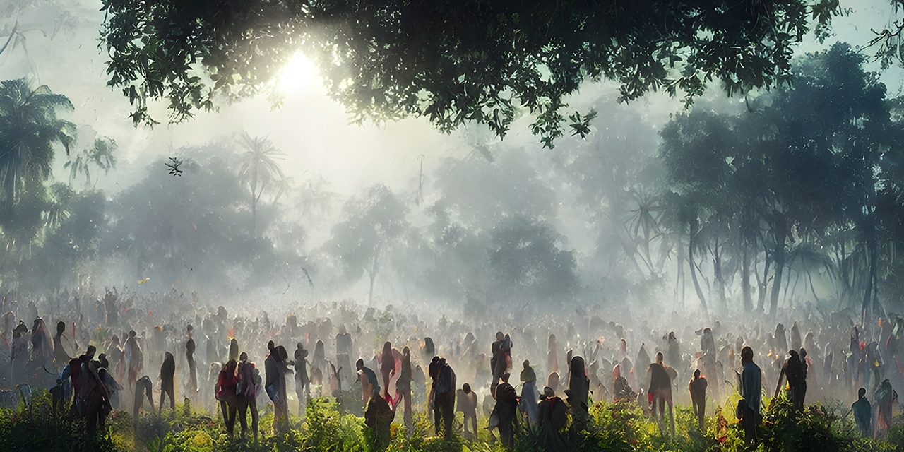 Celebration Fantasy art depicting a large group of people celebrating in the forest.