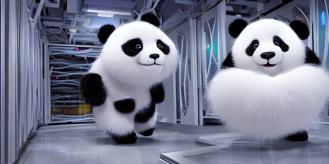 Datacenter-Pandas Two cute fuzzy pandas working in a server room to assist you