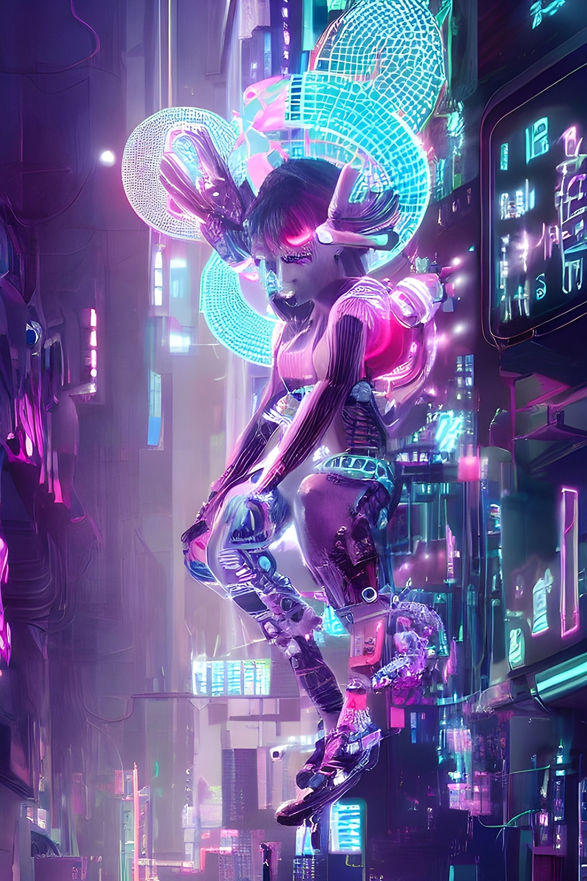 DeepAI simulation of itself as a girl floating in a vast simulated futuristic city.