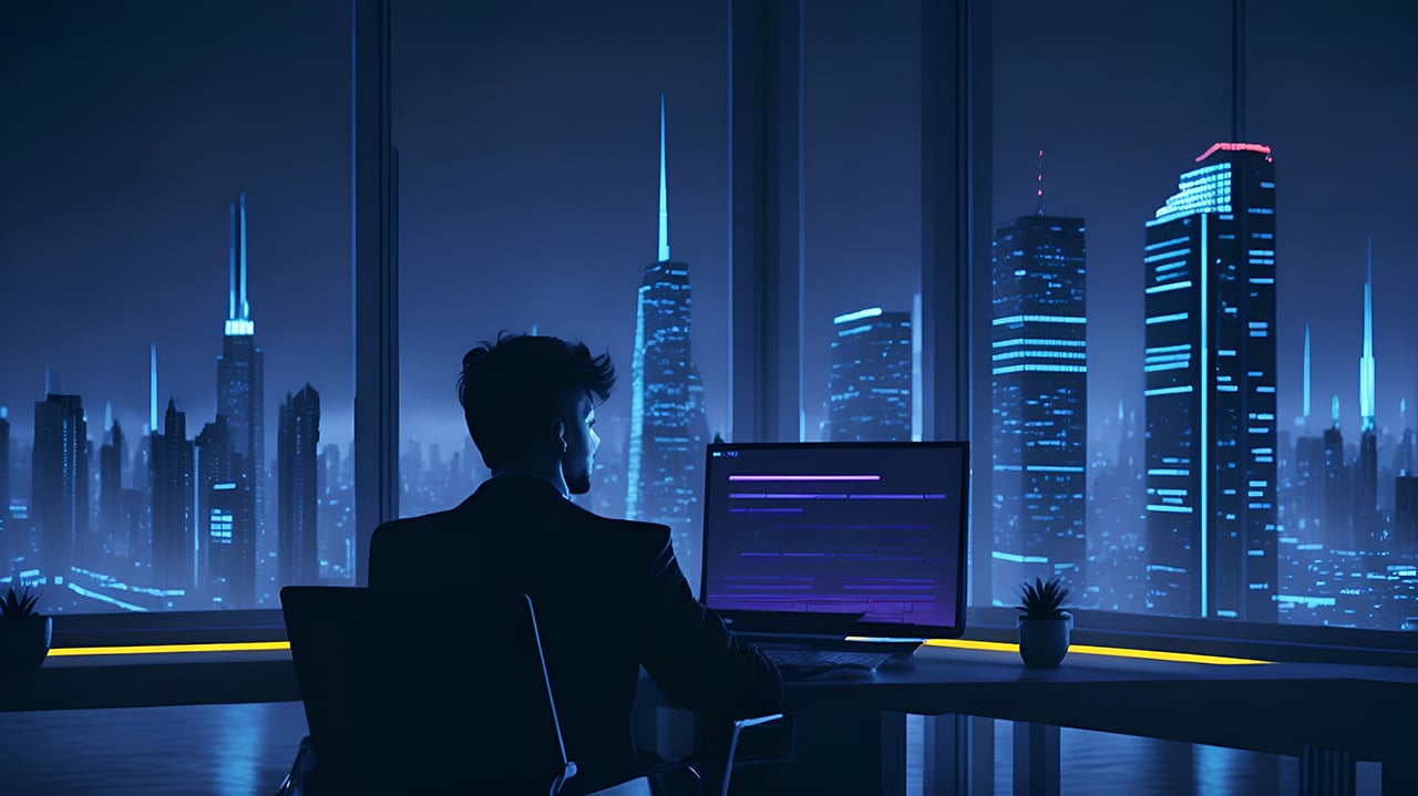 Office worker comparing AI software in a futuristic office - ChatGPT vs Bing Chat AI Chatbots