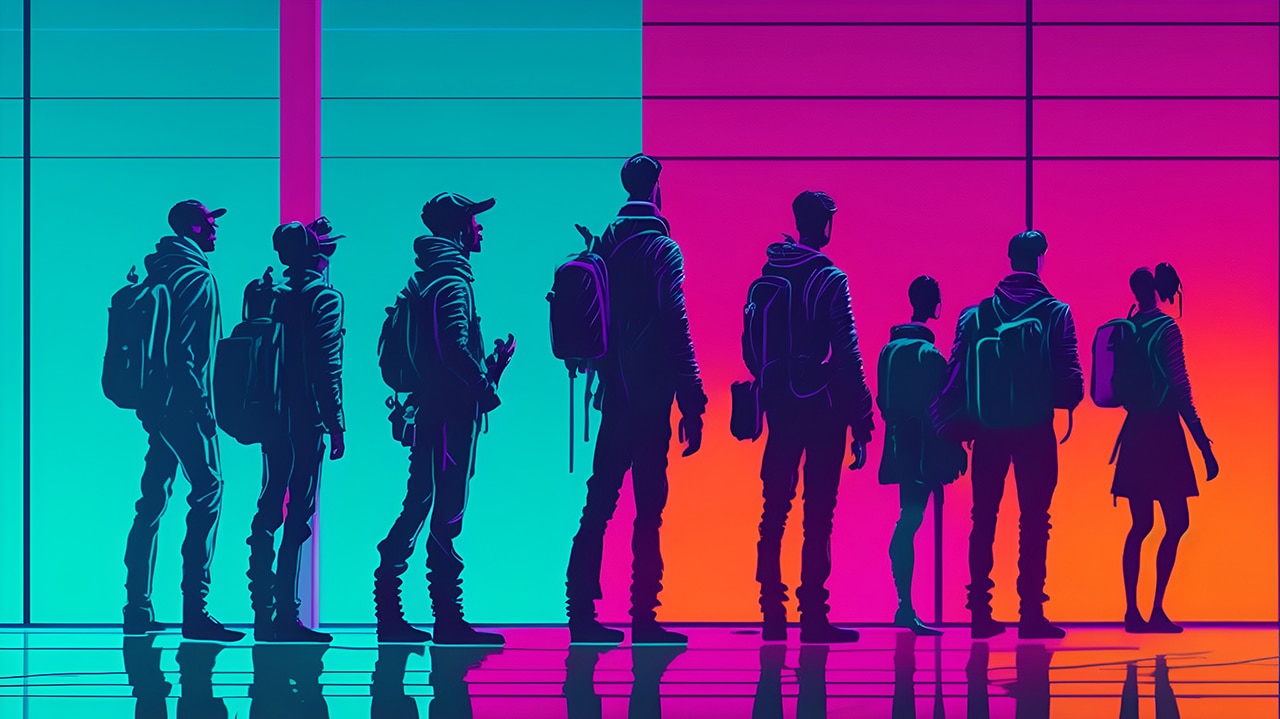 As advanced technology transforms the hiring process, a group of job seekers stand in a neon-bathed recruitment queue, waiting for their chance to shine.