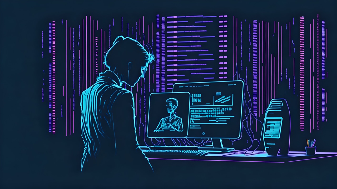 AI being examined by designers for unintentional errors in code. Neon futuristic office.