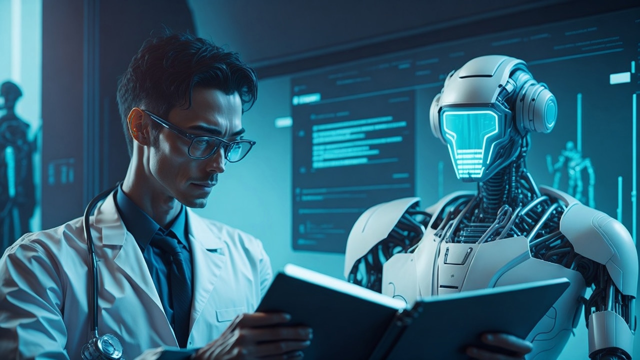 Doctor and AI researching healthcare in a lab
