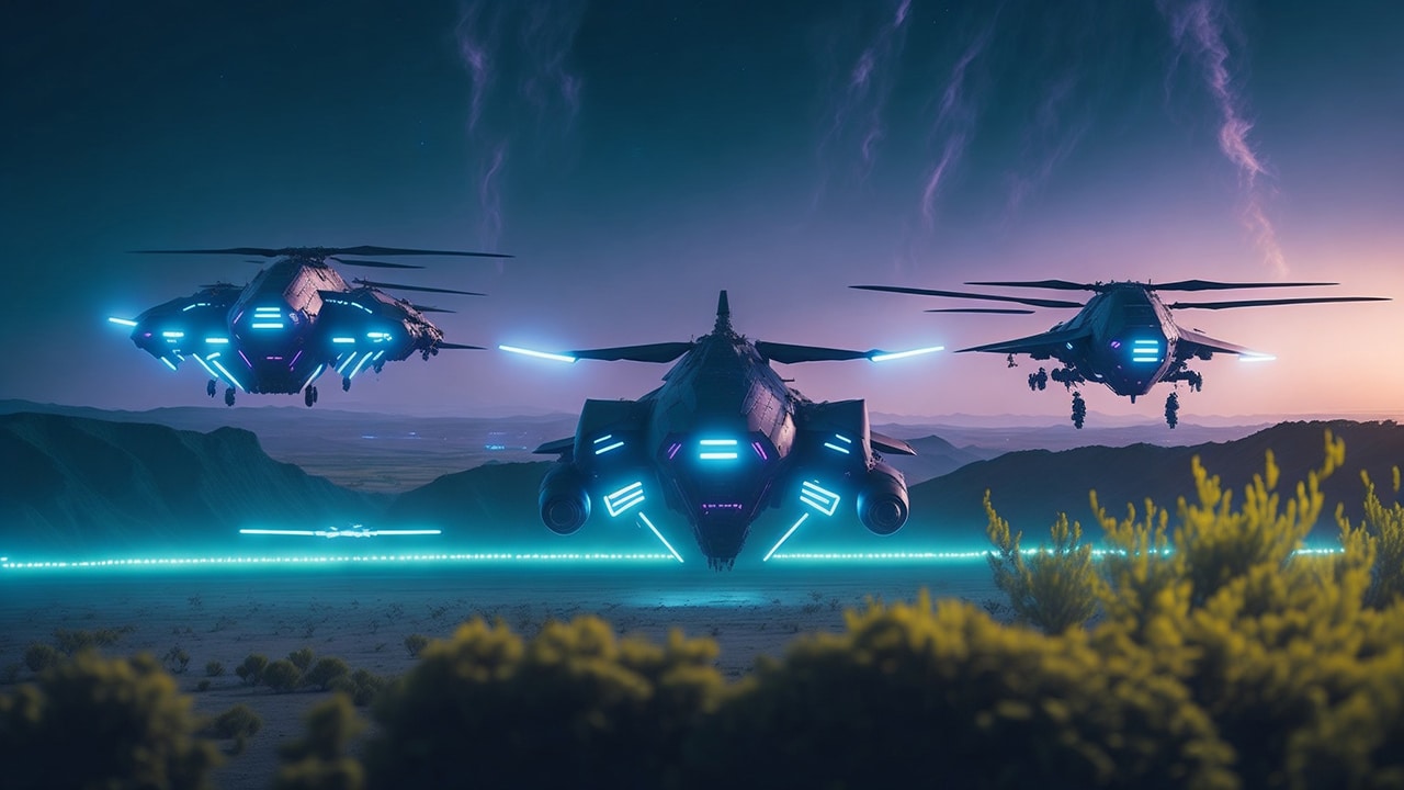 Futuristic military defense drones patrolling an airstrip